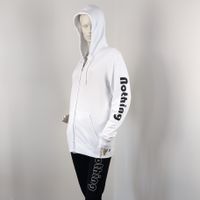 Zip-Hoodie Wei&szlig;, schwarze Schirft auf dem Arm